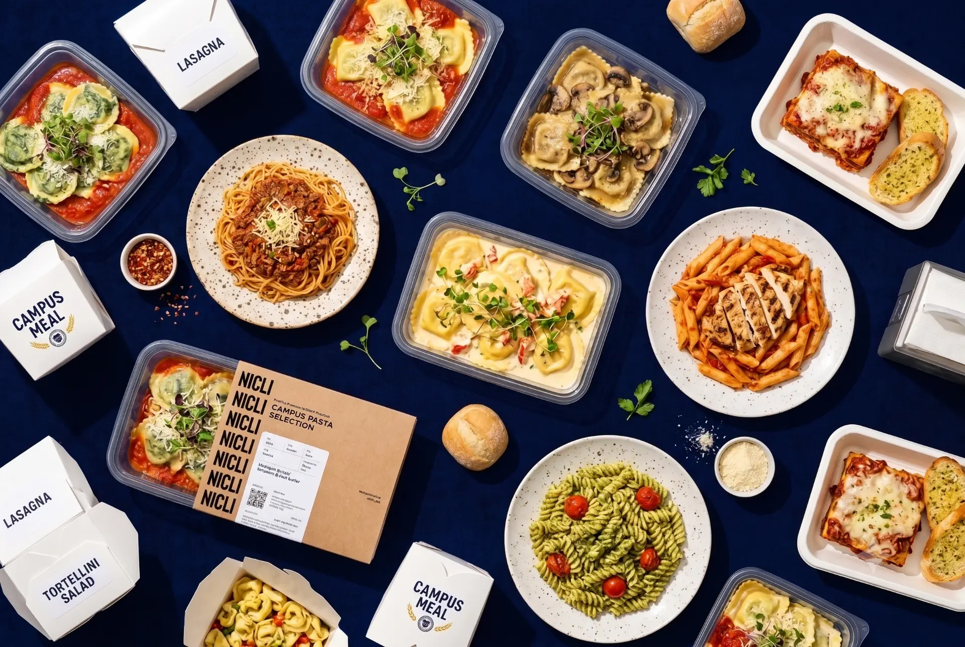 Flat-lay of pasta meal boxes, lasagna and garlic bread on a navy table